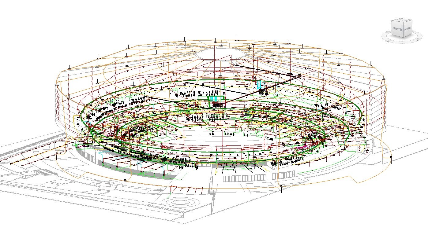 Modelo BIM Arena Bonita — vista aérea de redes eléctricas
