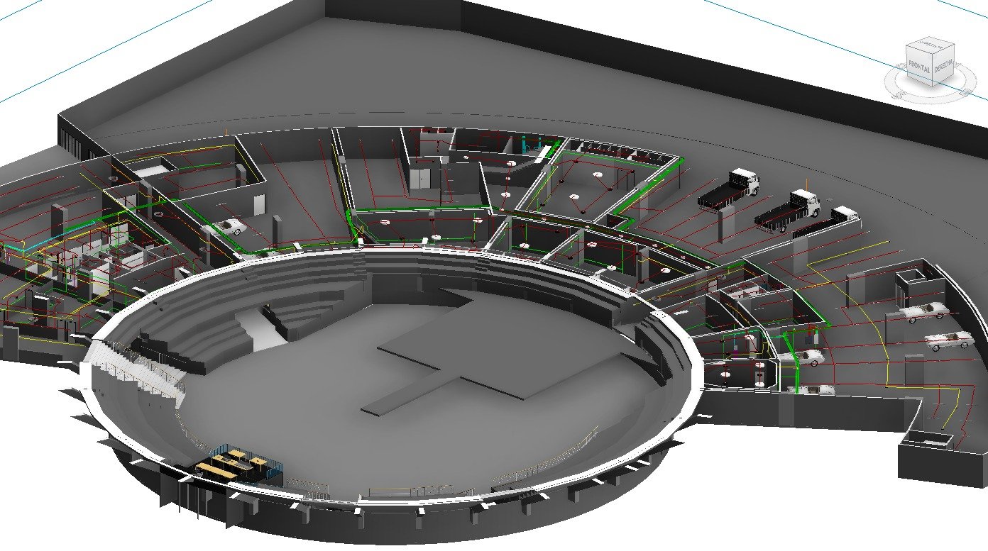 Modelo BIM Arena Bonita — corte interior con sistemas integrados